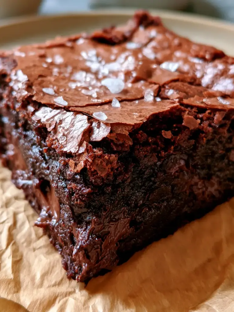 Extreme macro close-up of a thick square brownie slice showing molten dark chocolate chunks and a shattered crust. (brownies)