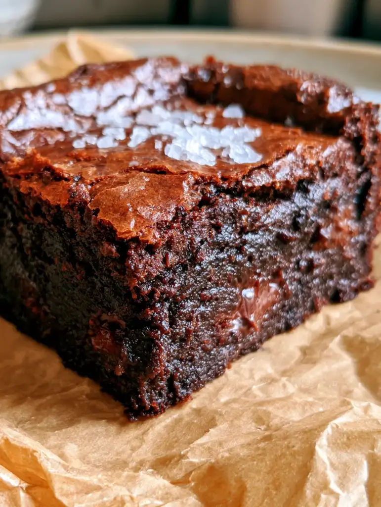 Macro view of a brownie on crumpled parchment paper with flaky sea salt highlighting the shiny sugar sheen.