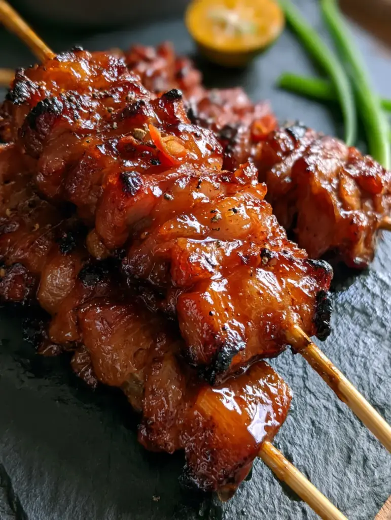 Filipino Pork Barbecue: The Ultimate Mahogany Glazed Skewers 2 Extreme macro of succulent ribbons of Filipino pork barbecue featuring deep caramelized char marks and crispy edges.