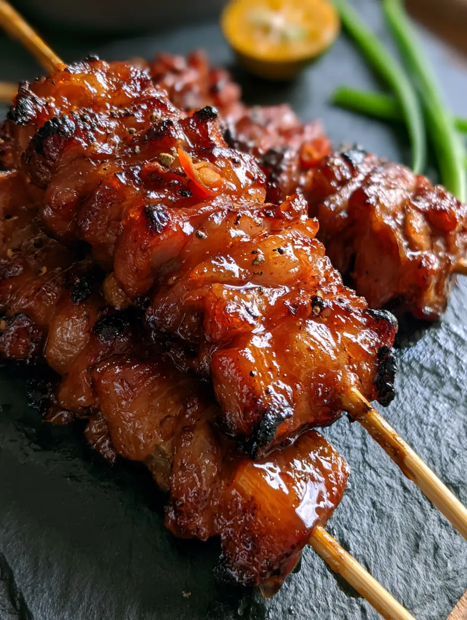 Filipino Pork Barbecue: The Ultimate Mahogany Glazed Skewers 4 Extreme macro of succulent ribbons of Filipino pork barbecue featuring deep caramelized char marks and crispy edges.