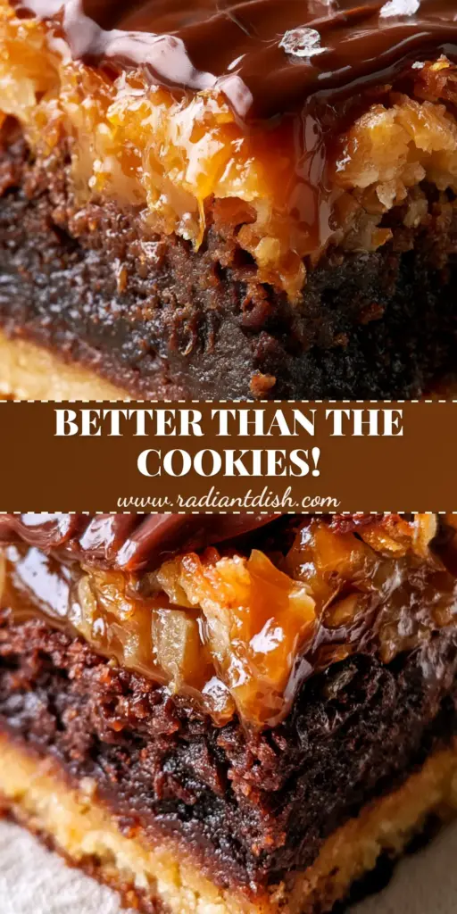 Samoa Brownies Recipe: The Ultimate Three-Layer Girl Scout Inspired Treat 4 A thick square of Samoa brownies showing a shortbread crust, dark chocolate brownie center, and a heavy caramel coconut topping with chocolate drizzle.