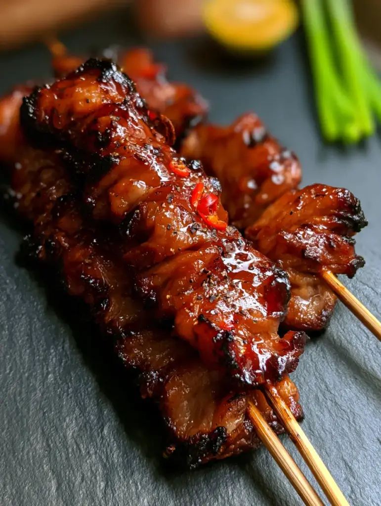 Filipino Pork Barbecue: The Ultimate Mahogany Glazed Skewers 1 Three skewers of Filipino pork barbecue resting on a dark slate surface with bird's eye chilies and calamansi halves.