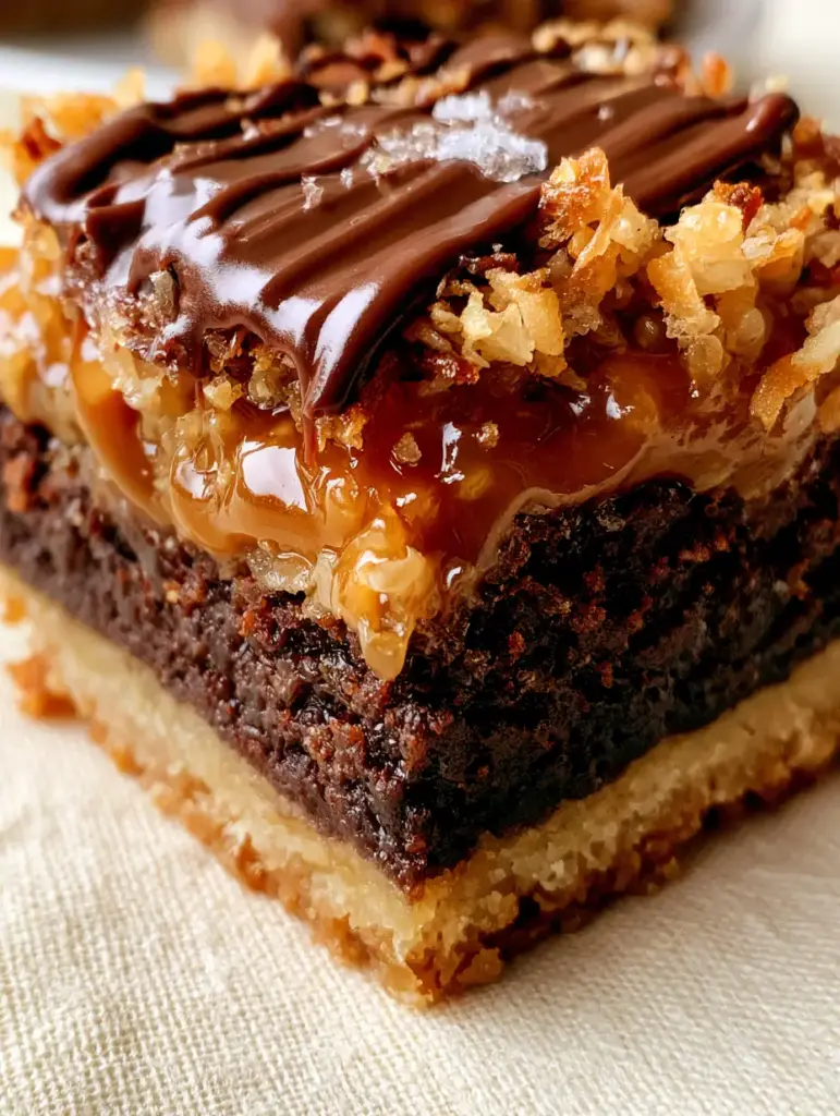 Extreme macro view of Samoa brownies showing the moist dark chocolate texture and golden coconut flakes.