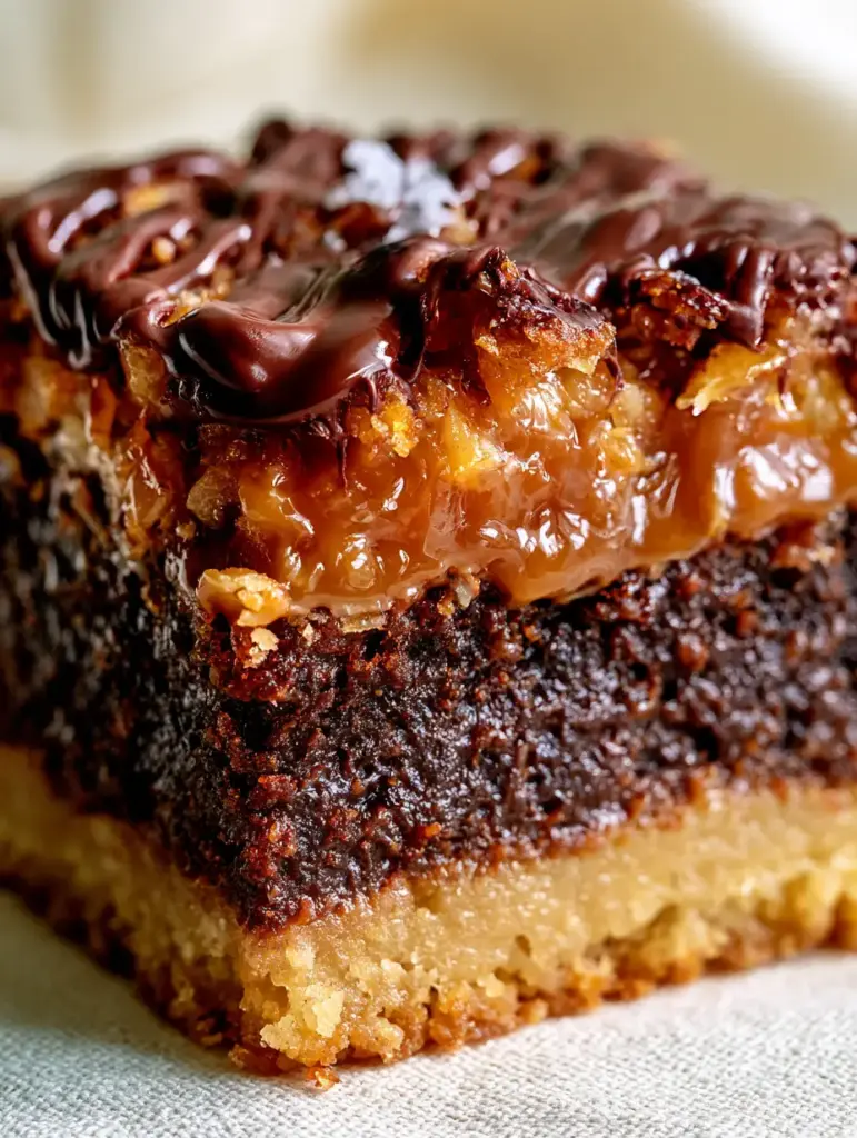 Samoa Brownies Recipe: The Ultimate Three-Layer Girl Scout Inspired Treat 1 Side profile of a single thick Samoa brownie square with glossy dark chocolate drizzle and sea salt.