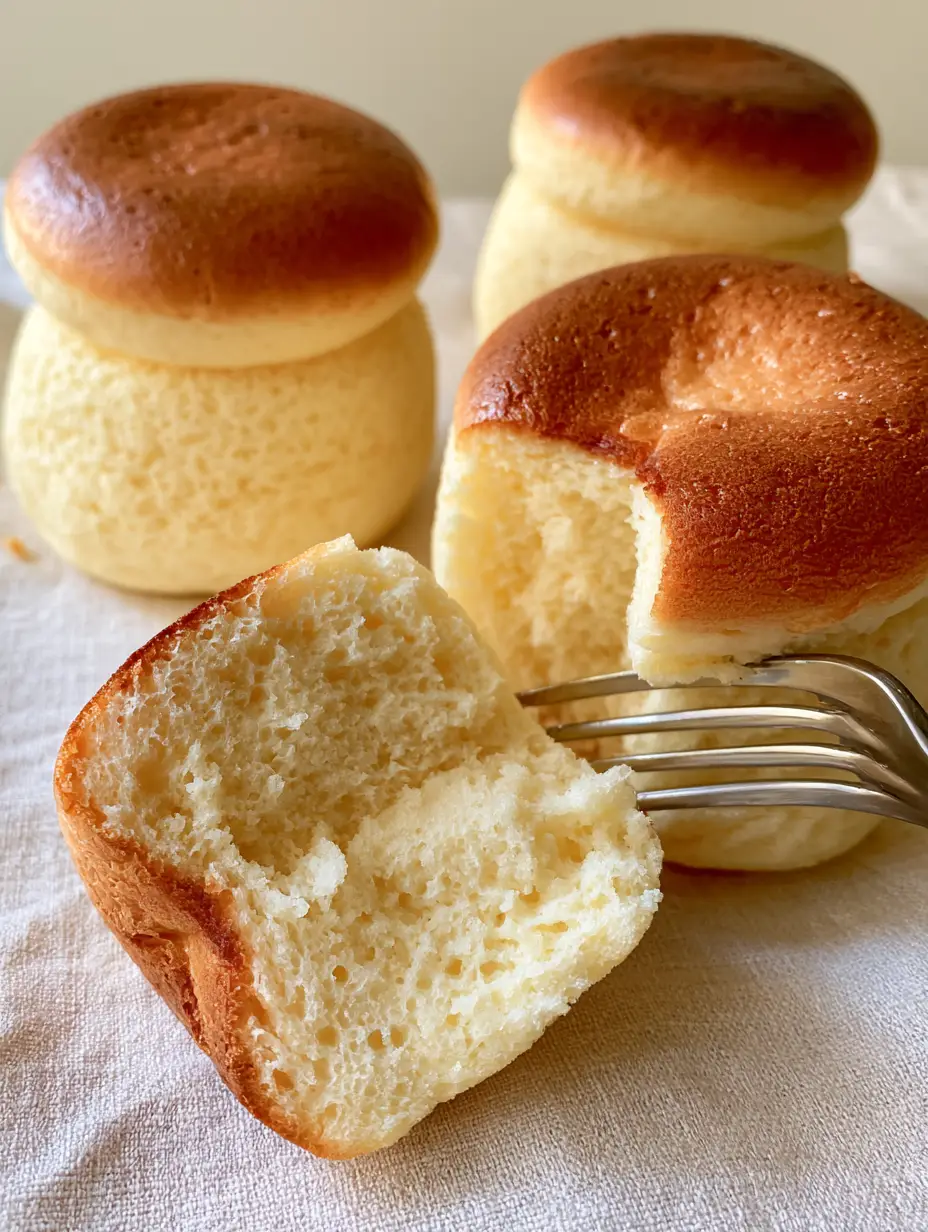 Japanese cotton cheesecake cupcakes: The Ultimate Airy Soufflé Recipe 3 A handheld smartphone photo of three Japanese cotton cheesecake cupcakes on a light linen surface, featuring a torn cupcake revealing a micro-bubble interior.
