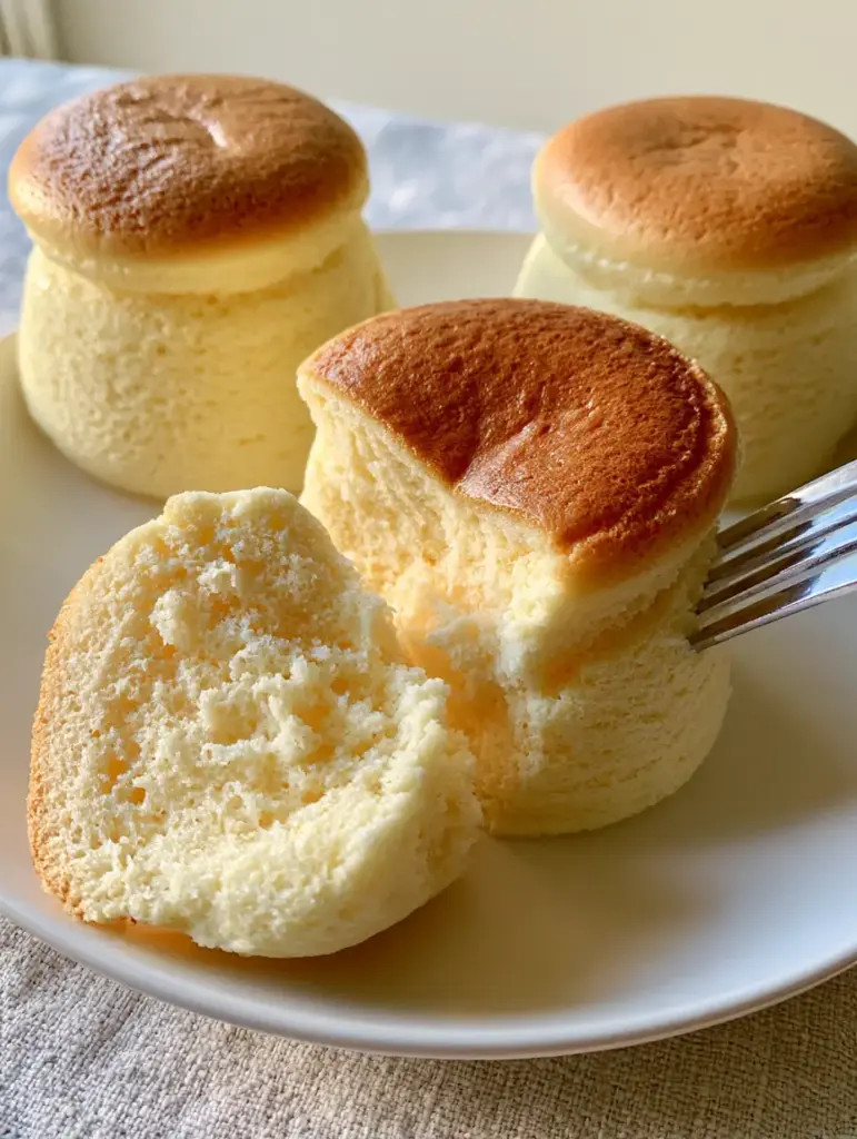 Japanese cotton cheesecake cupcakes: The Ultimate Airy Soufflé Recipe 1 A silver fork pressing into the side of a tall Japanese cotton cheesecake cupcake to demonstrate its bounce and airy souffle base.