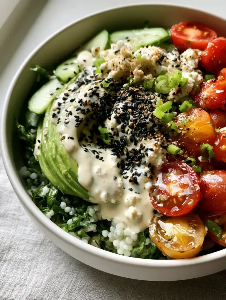 Healthy Summer Dinners: The Ultimate Mediterranean Kale and Pearl Couscous Power Bowl 2 Close up of shredded emerald kale and heirloom cherry tomatoes in a power bowl for healthy summer dinners.