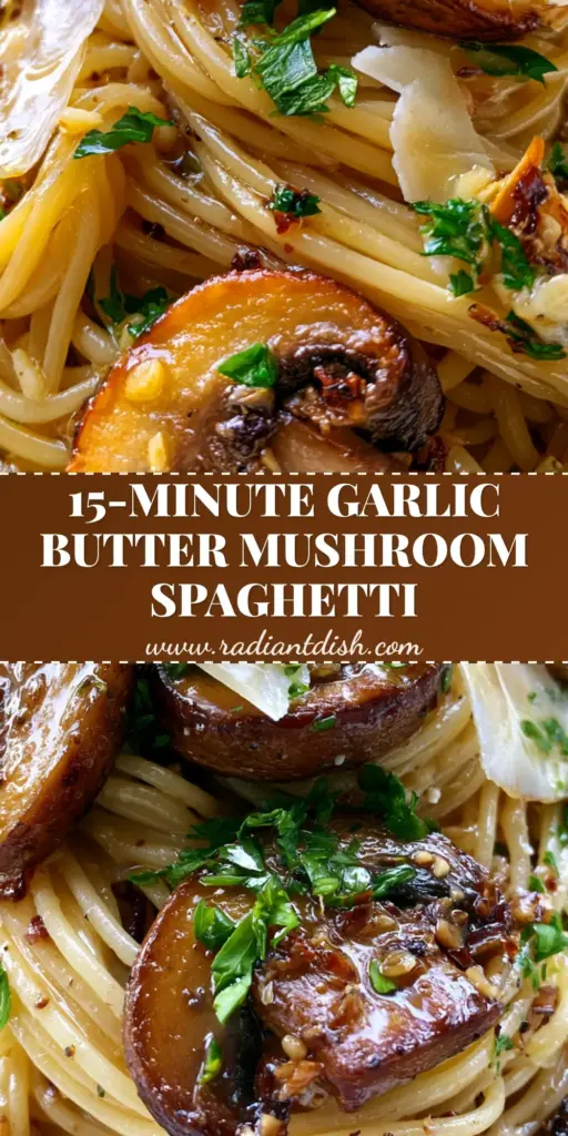 A towering mountain of Mushroom and Garlic Spaghetti with deeply charred cremini mushrooms, golden butter sauce, and large shavings of parmesan cheese.