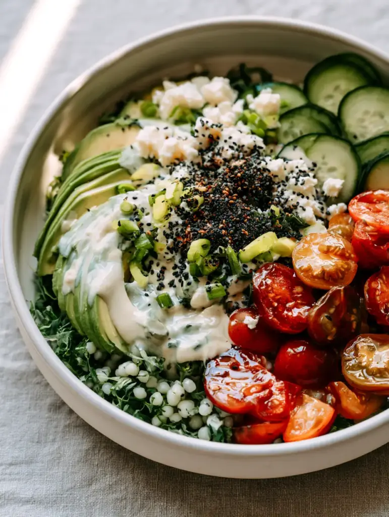 Healthy Summer Dinners: The Ultimate Mediterranean Kale and Pearl Couscous Power Bowl 1 A handheld smartphone photo of a Mediterranean power bowl with lemon tahini dressing and black sesame seeds.