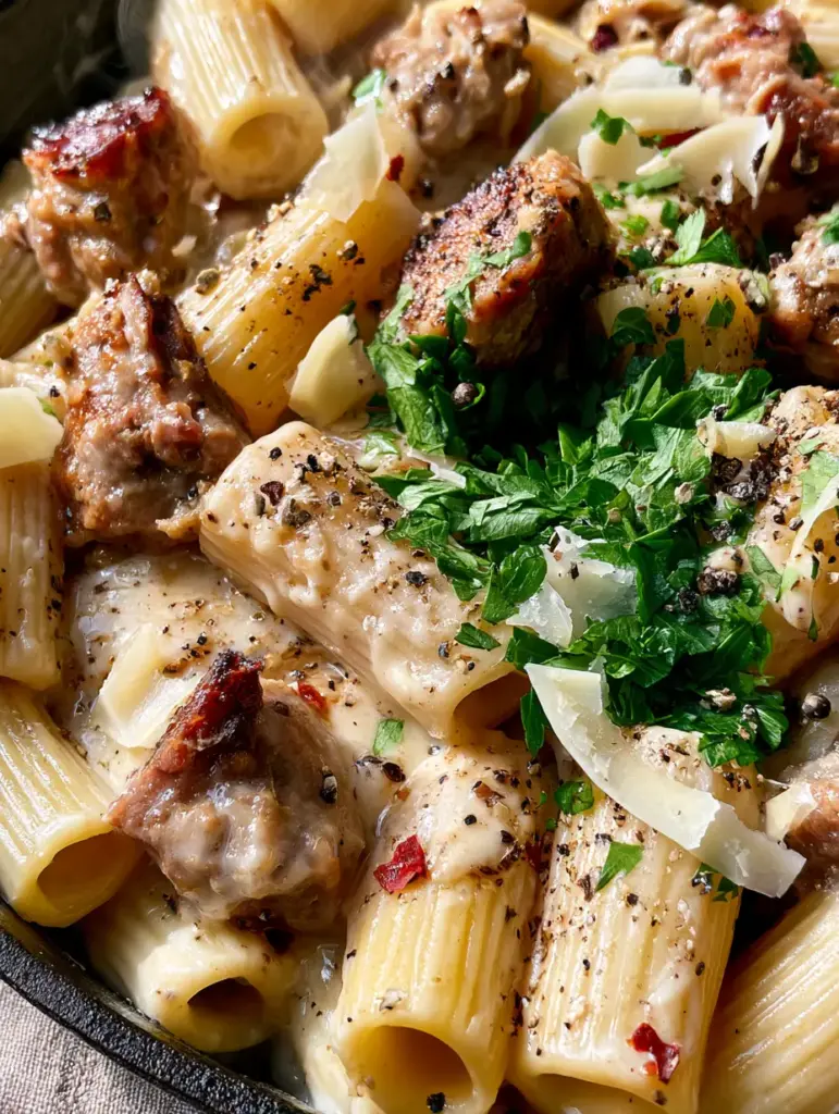 Close up of caramelized Italian sausage chunks and emerald parsley in a creamy pasta skillet. (creamy rigatoni with italian sausage)