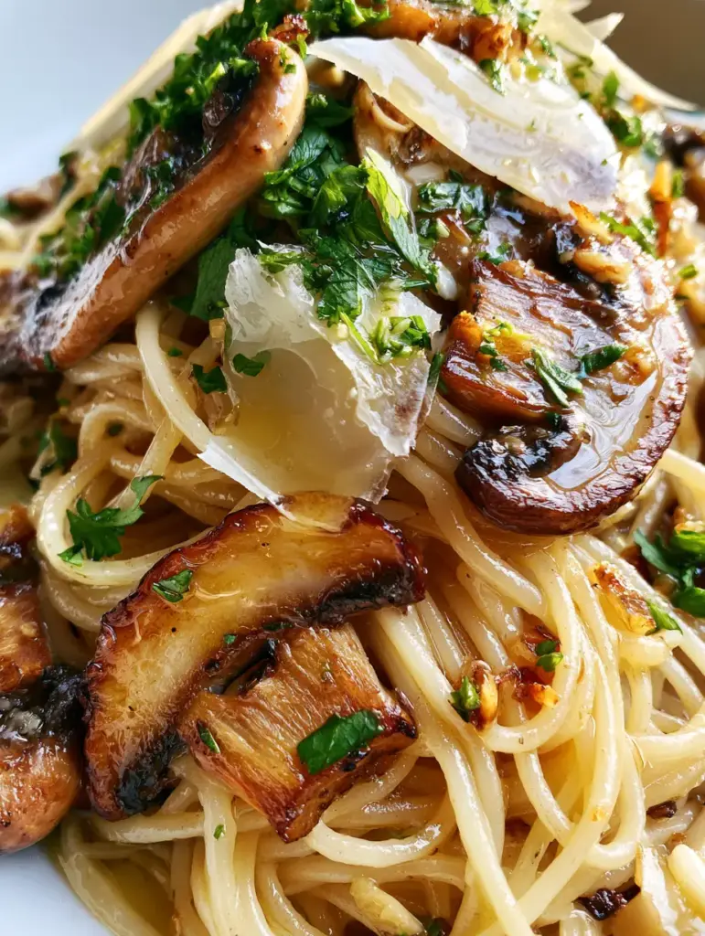 Low-angle shot showing the meaty texture of seared cremini mushrooms and translucent parmesan shavings on Mushroom and Garlic Spaghetti.