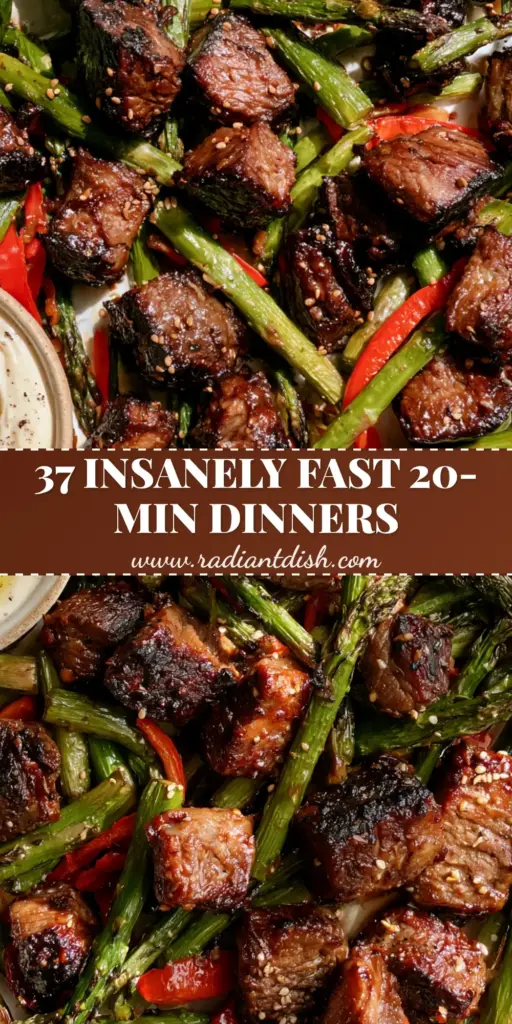 Simple dinner ideas: Honey Garlic Steak Bites with Blistered Asparagus 3 A vibrant sheet pan of seared honey-garlic steak bites, charred green asparagus, and blistered red peppers. (Simple dinner ideas)