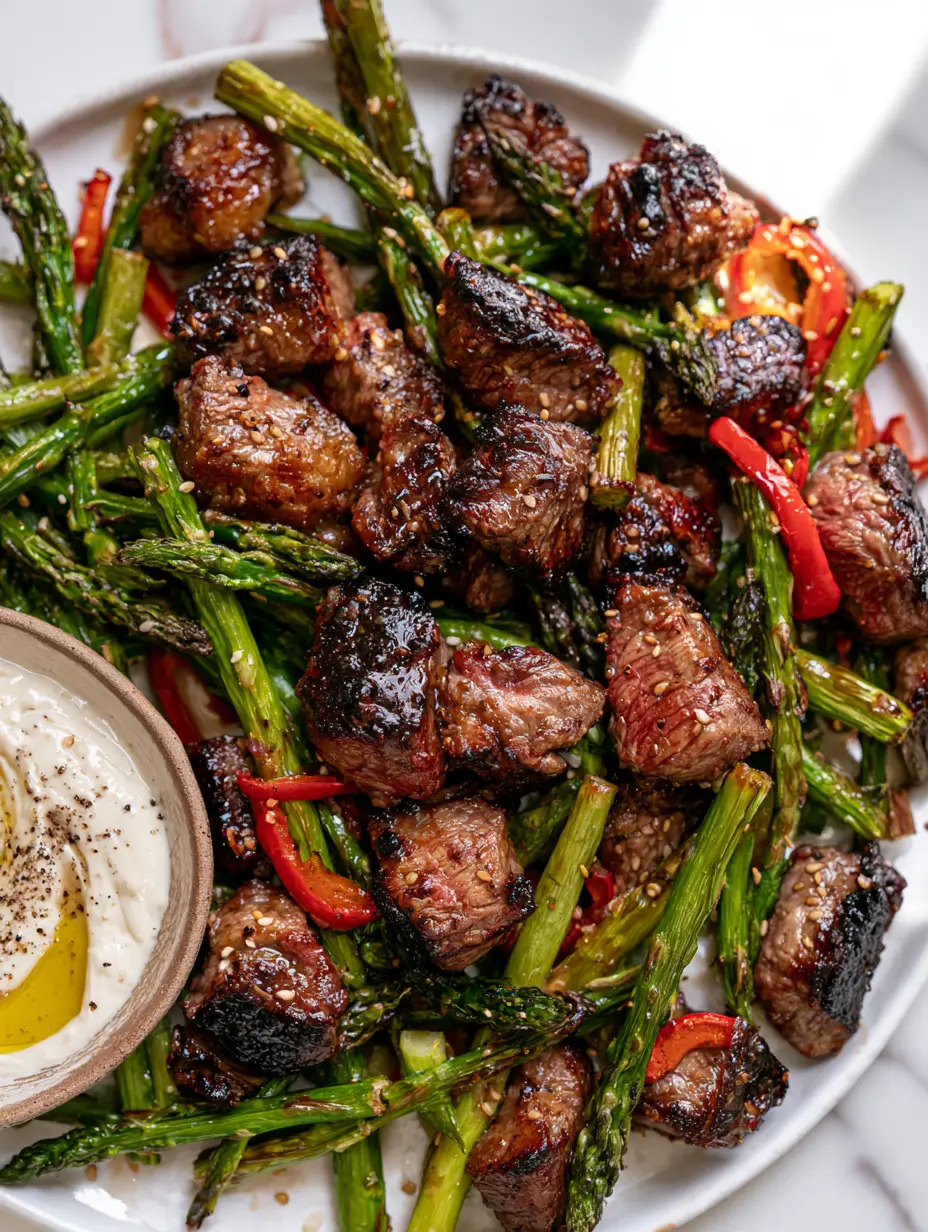 Simple dinner ideas: Honey Garlic Steak Bites with Blistered Asparagus 4 Overhead view of glossy caramelized steak bites and charred asparagus on a white marble background. (Simple dinner ideas)
