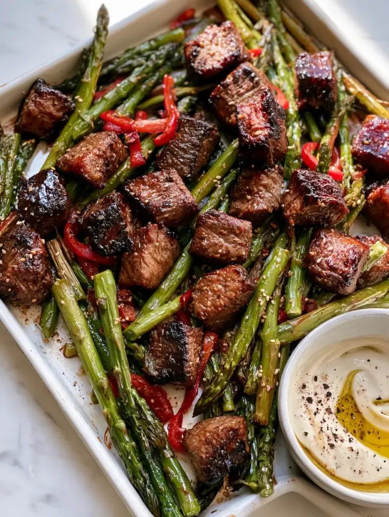 Simple dinner ideas: Honey Garlic Steak Bites with Blistered Asparagus 1 Close up of honey-garlic steak bites with toasted sesame seeds and creamy garlic aioli swirl.
