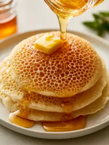 Close-up of Moroccan Baghrir crepes showing the porous, honeycomb surface and cascading syrup. (African crepes)