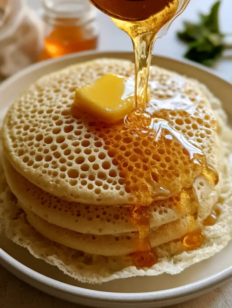 African Crepes: The Secret to Fluffy Moroccan Baghrir with 1,000 Holes 1 A stack of three semolina African crepes on a matte white ceramic plate with a melting butter cube and mint garnish.