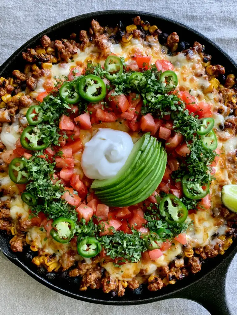 Sizzling ground turkey taco meat in a black skillet with charred corn and black beans. (Ground Turkey Taco Skillet)