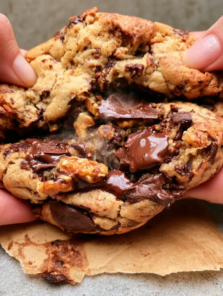 Levain Bakery cookies: The Ultimate Copycat 6-Ounce Chocolate Chip Walnut Recipe 1 Side view of a tall, 2-inch Levain Bakery cookie with crispy ridges and toasted walnuts.