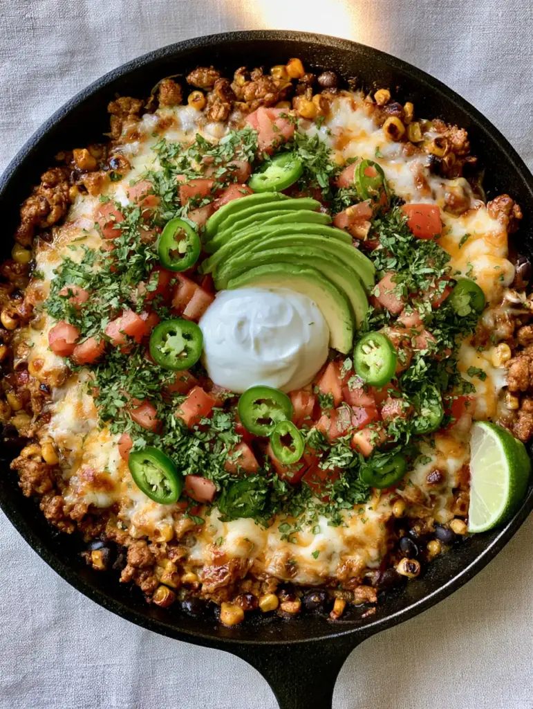 Close up of melted Mexican blend cheese over a Ground Turkey Taco Skillet with fresh cilantro.