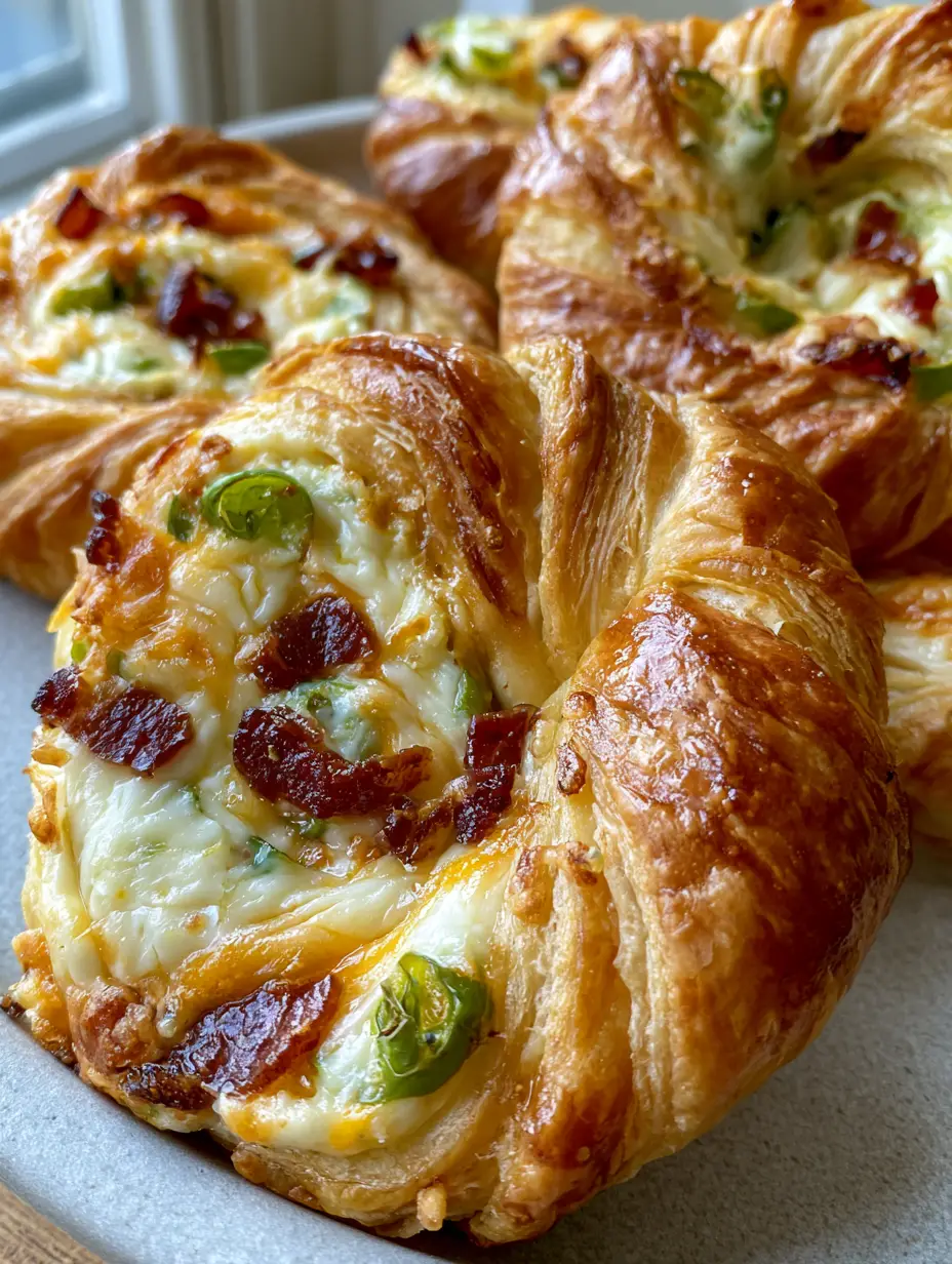 Close-up of a single jalapeno popper twist showing the layers of flaky dough and vibrant green peppers. (jalapeno popper twists)