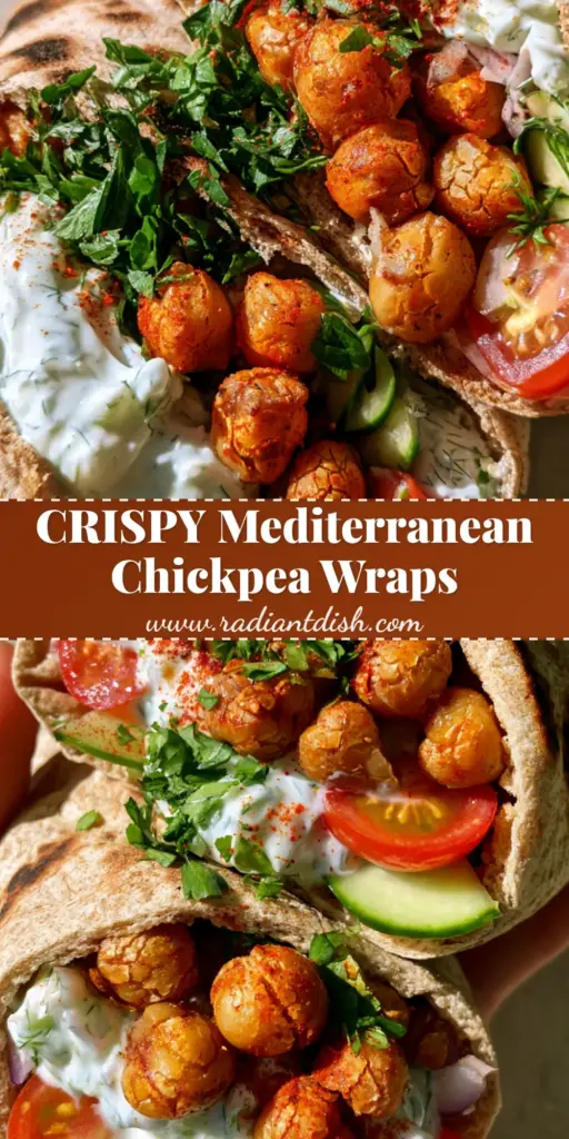 A close-up of two Mediterranean chickpea wraps held in a hand, showing crispy paprika chickpeas, creamy tzatziki, and fresh vegetables in a charred pita.