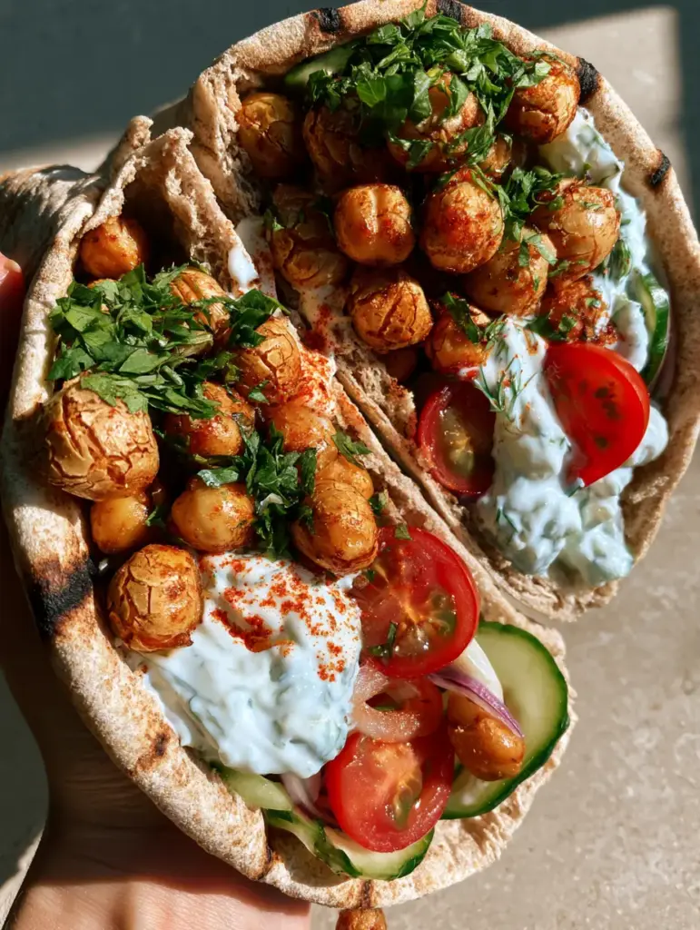 A high-angle view of Mediterranean chickpea wraps featuring golden-brown chickpeas and vibrant red cherry tomatoes in charred whole wheat pita.