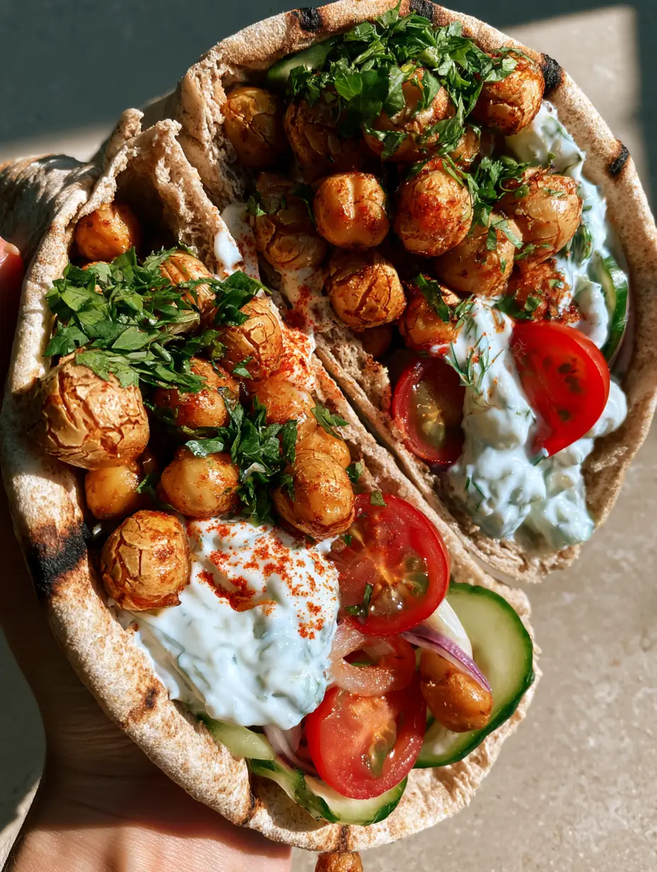 A high-angle view of Mediterranean chickpea wraps featuring golden-brown chickpeas and vibrant red cherry tomatoes in charred whole wheat pita.
