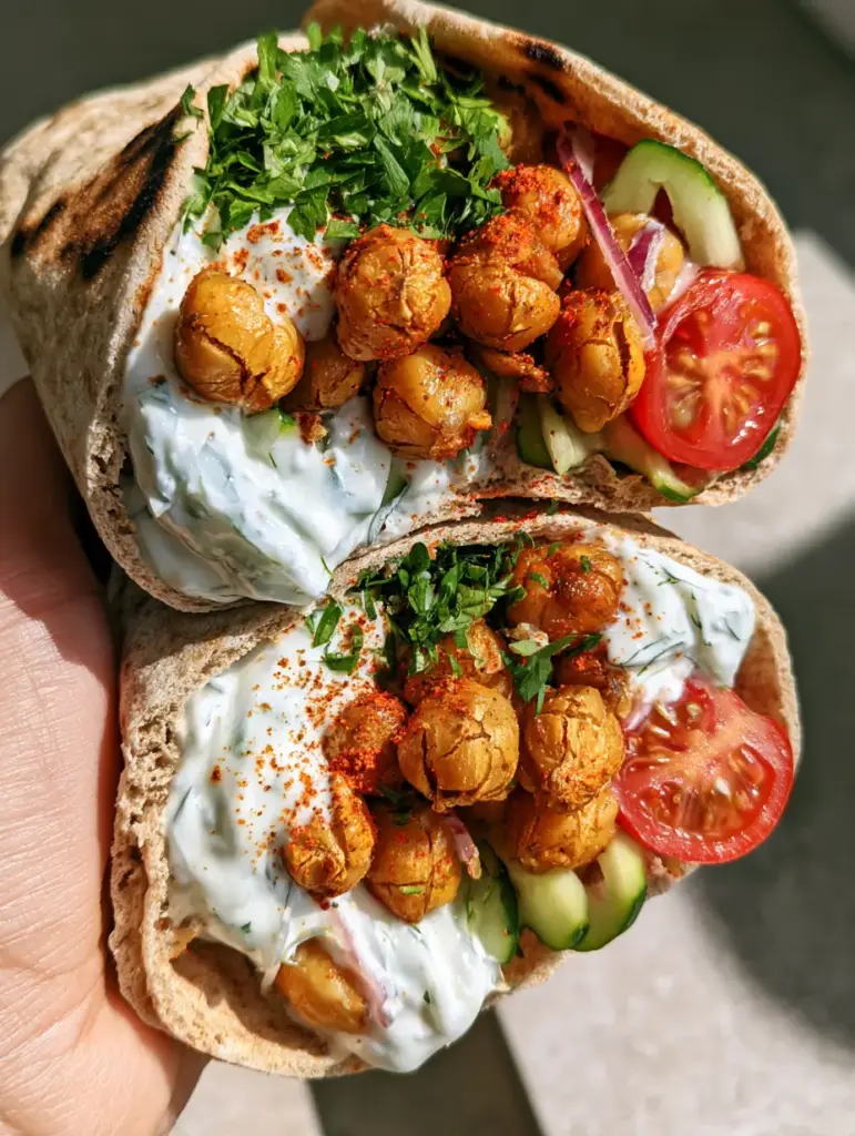 Cross-section of Mediterranean chickpea wraps showing thick Greek yogurt sauce and thinly slivered red onions.