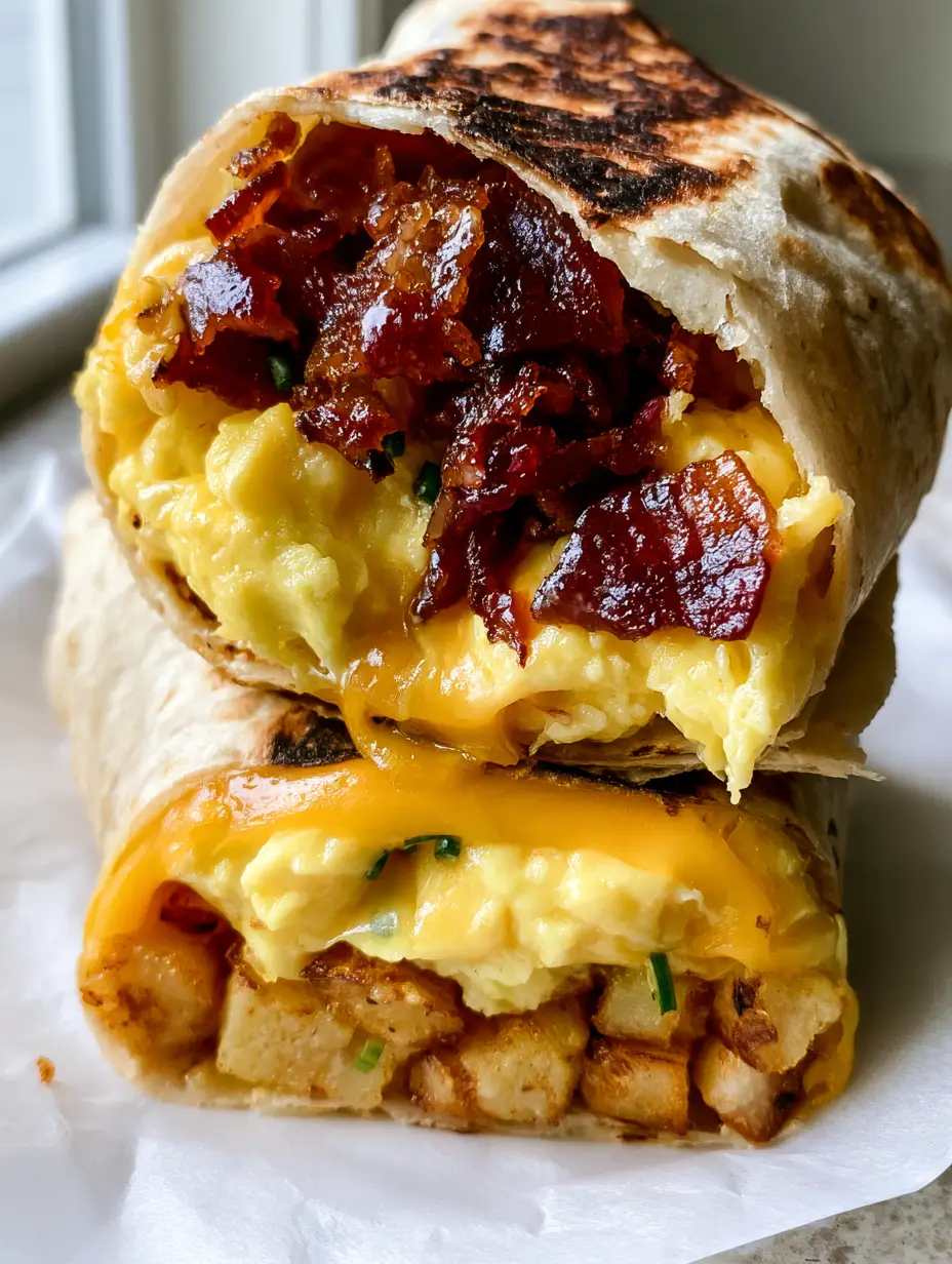 Close-up handheld shot of a breakfast burrito cross-section with bright yellow eggs and glistening bacon. (breakfast burrito)
