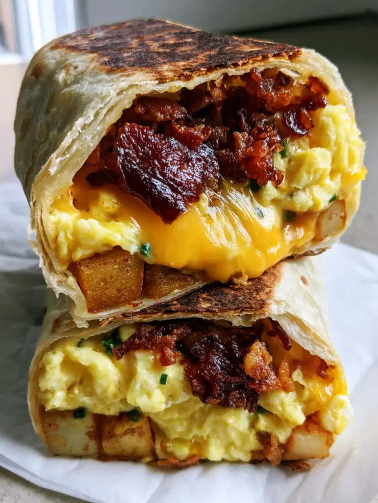 Two breakfast burritos sliced in half showing melted sharp cheddar and fresh green chives inside a charred tortilla.