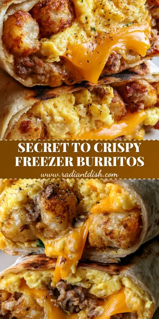 A stack of two large breakfast burritos sliced diagonally, showing layers of fluffy eggs, crispy tater tots, and melted cheddar cheese on a ceramic plate.