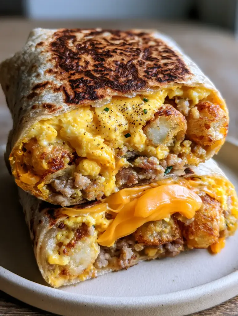 Close-up cross section of a breakfast burrito with visible tater tots, savory sausage, and moist yellow scrambled eggs.