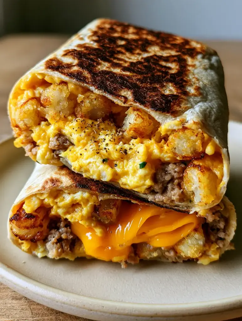 Two seared breakfast burritos stacked on a white plate showing crispy flour tortilla texture.