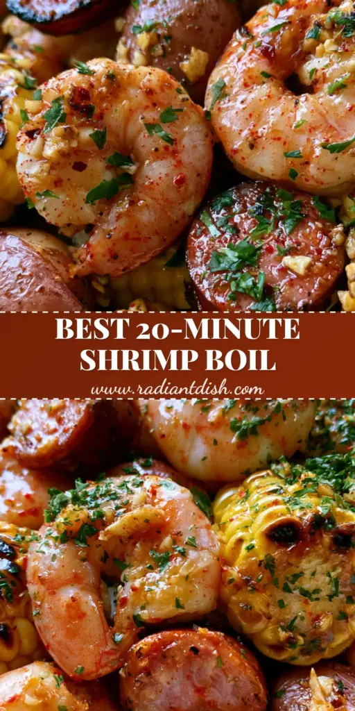 A vibrant overhead shot of a sheet pan shrimp boil with jumbo pink shrimp, charred corn, and roasted red potatoes. (sheet pan shrimp boil)