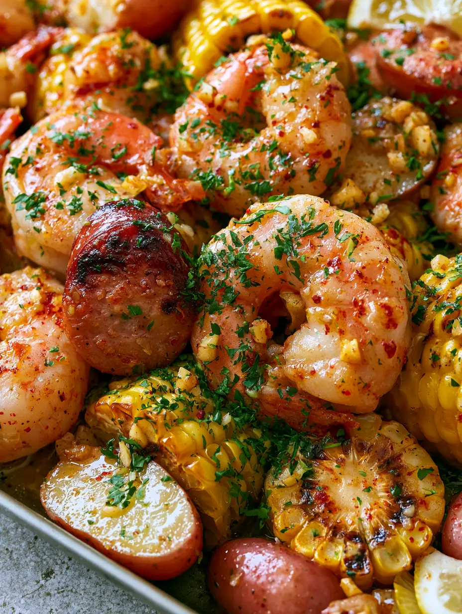 Macro shot showing jumbo succulent pink shrimp with red Cajun seasoning specks and garlic butter glaze. (sheet pan shrimp boil)