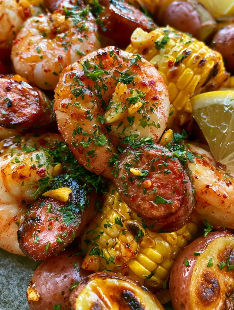 Detailed view of charred sweet corn rounds and seared andouille sausage with crispy edges. (sheet pan shrimp boil)