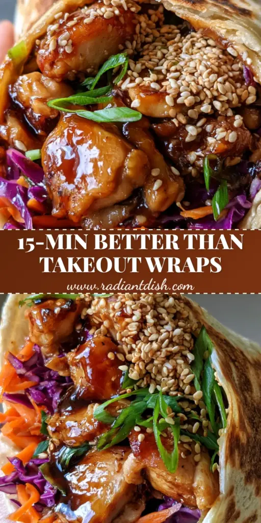 A vertical close-up of a toasted Teriyaki Chicken Wrap featuring glossy glazed chicken and colorful purple cabbage slaw.