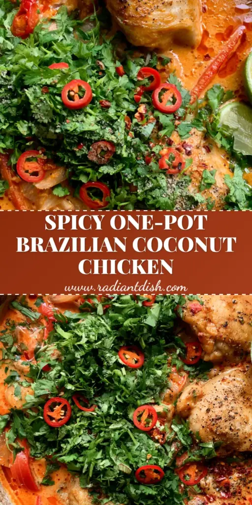 A rustic cast iron skillet filled with Spicy Brazilian Coconut Chicken, featuring golden chicken thighs in orange-red sauce, garnished with cilantro, chilies, and lime wedges.