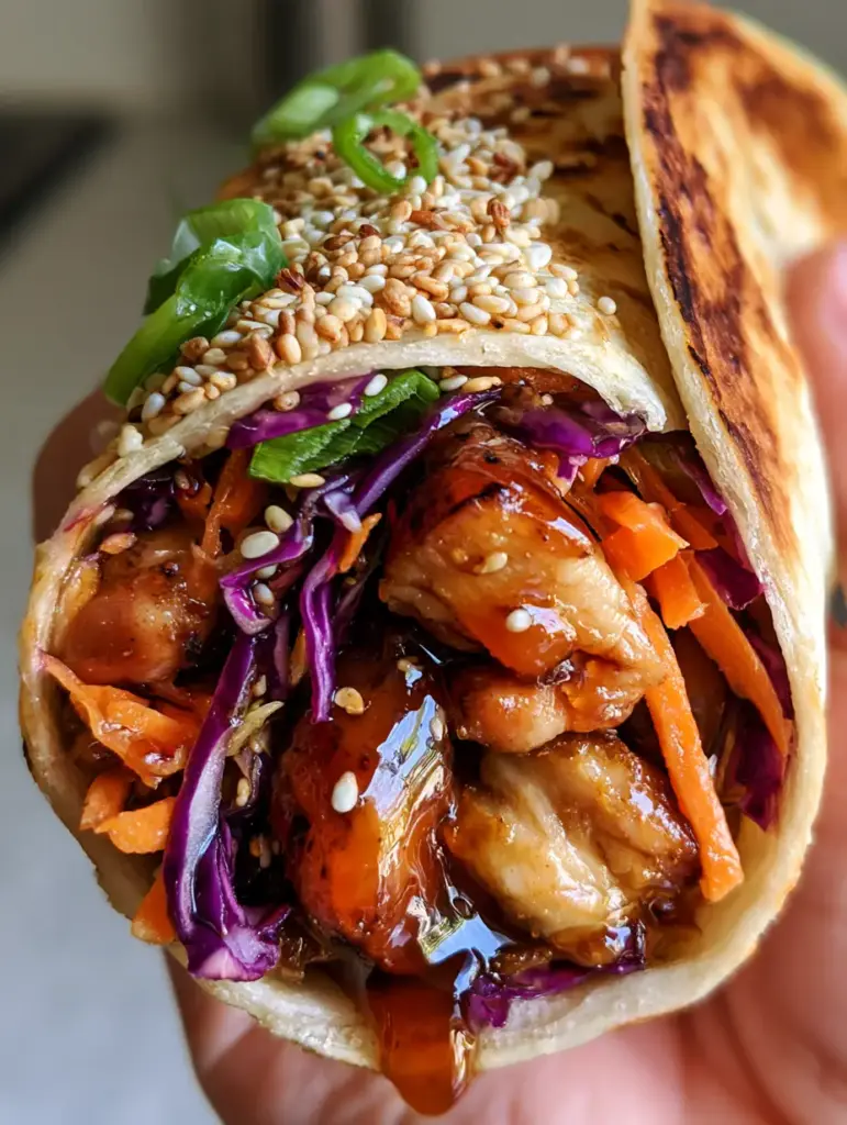 Close-up cross-section of a Teriyaki Chicken Wrap held in hand showing juicy chicken thighs and shimmering amber glaze.