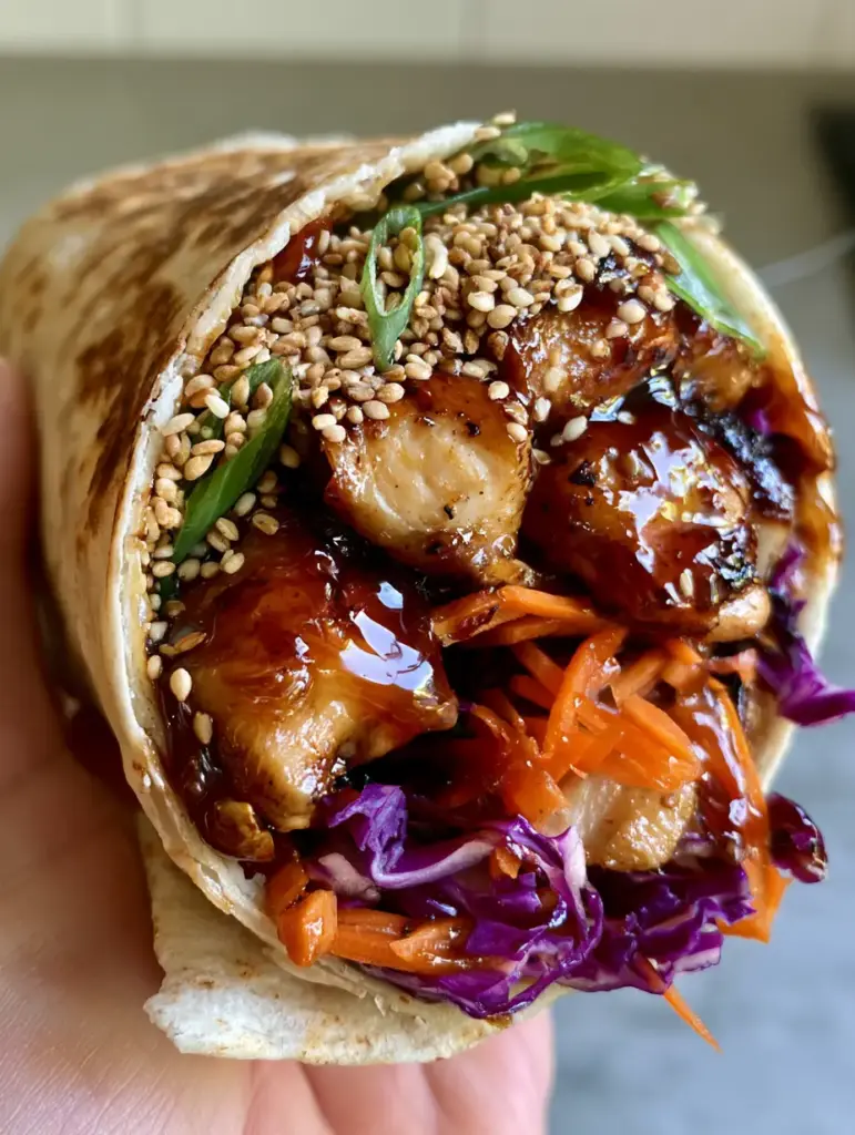 Macro view of the Teriyaki Chicken Wrap interior with sesame seeds and scallions under soft morning light.