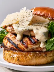 Close-up of a Chicken Caesar Sandwich showing thick glossy ivory dressing cascading over charred grilled chicken breast.