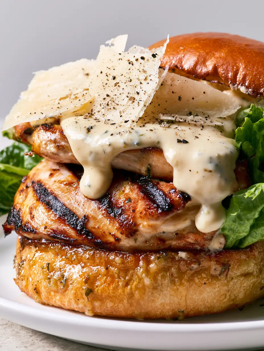 Chicken Caesar Sandwich: The Ultimate Gourmet Garlic Brioche Recipe 4 Close-up of a Chicken Caesar Sandwich showing thick glossy ivory dressing cascading over charred grilled chicken breast.