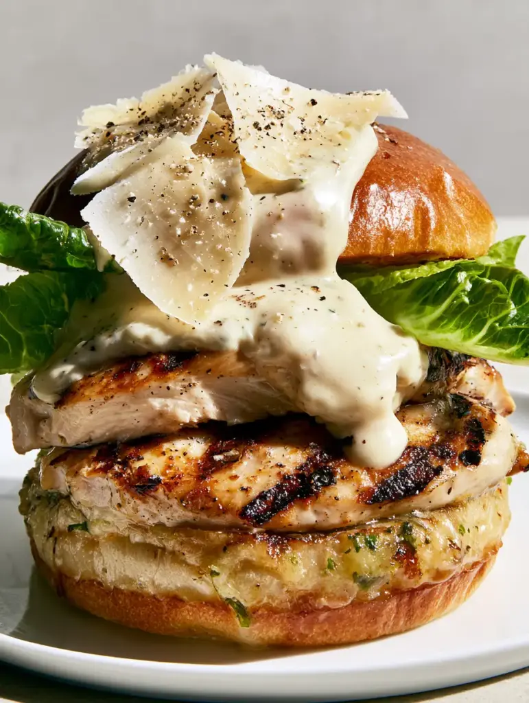 Chicken Caesar Sandwich: The Ultimate Gourmet Garlic Brioche Recipe 1 Handheld photo of a Chicken Caesar Sandwich with visible melted garlic butter and herb flecks on a golden brioche bun.
