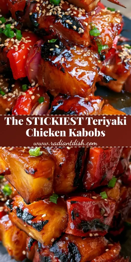Hawaiian Teriyaki Chicken Kabobs with Sticky Pineapple and Peppers 3 Three stacked Hawaiian teriyaki chicken kabobs on a dark slate plate with mahogany glaze and sesame seeds.