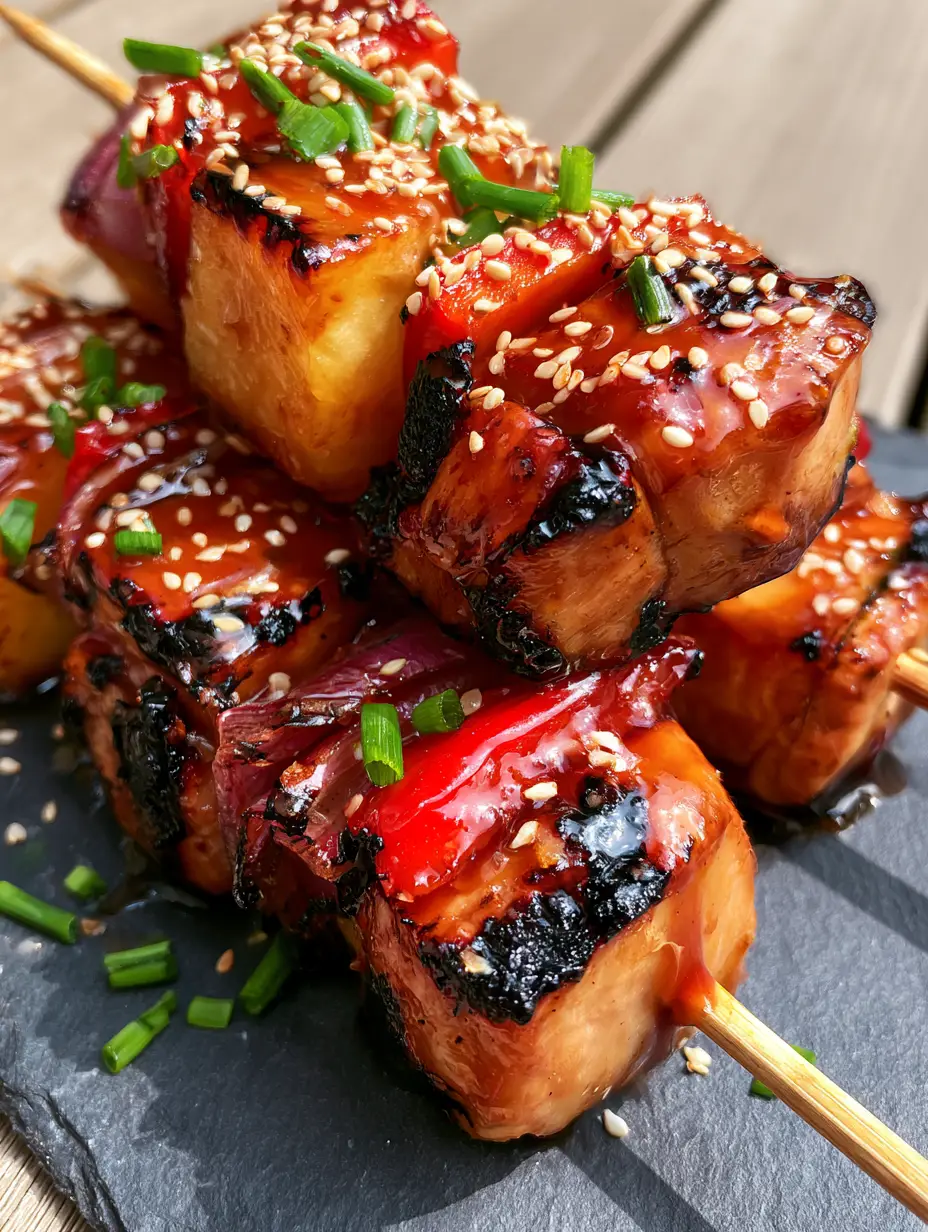 Hawaiian Teriyaki Chicken Kabobs with Sticky Pineapple and Peppers 4 Macro shot of Hawaiian teriyaki chicken kabobs showing glistening mahogany glaze and charred chicken chunks.