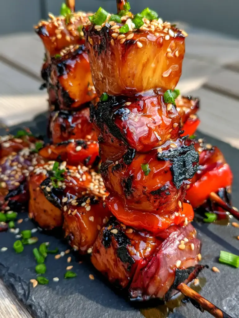 Hawaiian Teriyaki Chicken Kabobs with Sticky Pineapple and Peppers 1 Grilled Hawaiian teriyaki chicken kabobs with blistered red bell peppers and caramelized pineapple chunks.