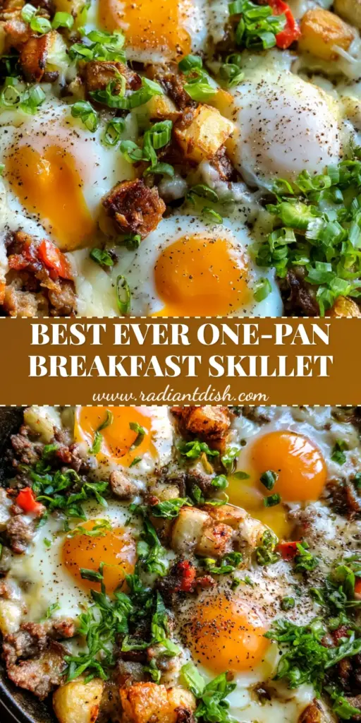 breakfast skillet recipe: The Ultimate Crispy Potato and Sausage Skillet 3 A top-down view of a breakfast skillet recipe featuring crispy Yukon gold potatoes, sausage, melted cheese, and five runny eggs. (breakfast skillet recipe)