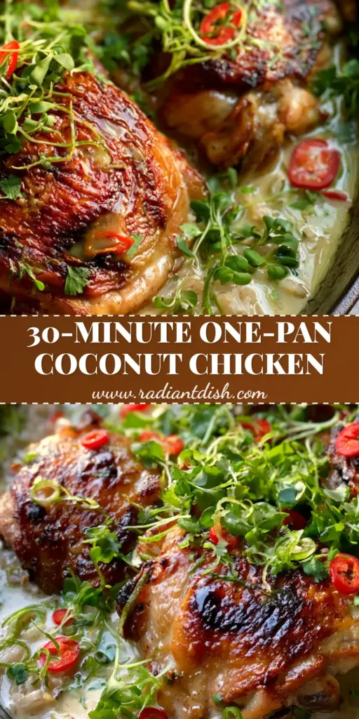 Coconut Lime Chicken and Rice: The Ultimate Creamy One-Skillet Dinner 4 A top-down view of Coconut Lime Chicken and Rice in a black skillet with golden-brown chicken thighs, fluffy jasmine rice, glossy coconut sauce, red chili slices, and fresh cilantro.
