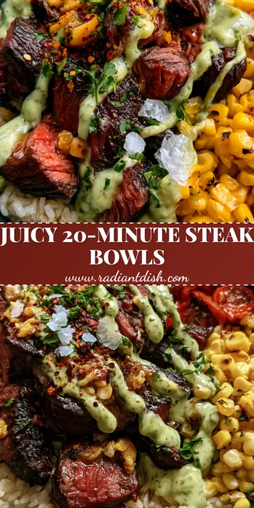 A gourmet Grilled steak bowl in a charcoal dish with garlic butter steak bites, charred corn, blistered tomatoes, and a zig-zag of herb aioli.