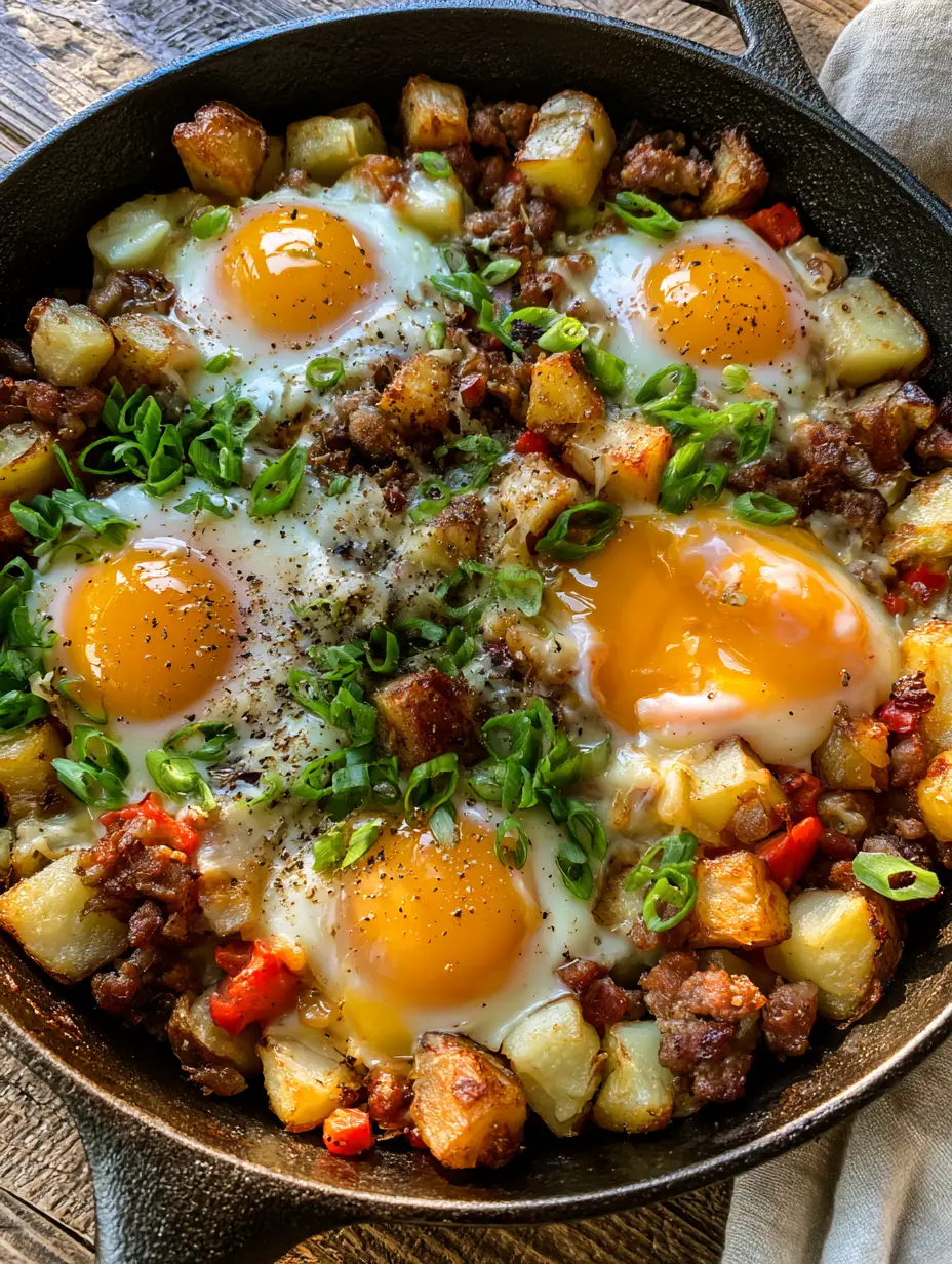 breakfast skillet recipe: The Ultimate Crispy Potato and Sausage Skillet 4 Close up of seared pork sausage and golden Yukon gold potatoes in a cast iron pan. (breakfast skillet recipe)
